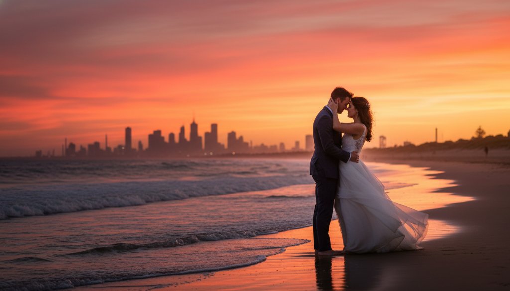 A newlywed couple shares a tender, candid moment at sunset near the Altona North foreshore, capturing timeless authentic wedding photography Victoria. The warm, golden light bathes them as waves gently lap the shore, highlighting their joyful connection. Professional, color-graded, cinematic style.