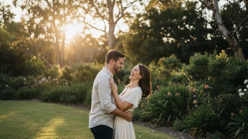 A couple shares a joyful, candid moment in Ashburton's lush gardens, captured during their engagement photos in Melbourne, bathed in golden hour light, with trees creating a natural frame.
