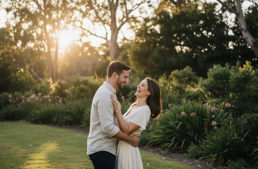 A couple shares a joyful, candid moment in Ashburton's lush gardens, captured during their engagement photos in Melbourne, bathed in golden hour light, with trees creating a natural frame.