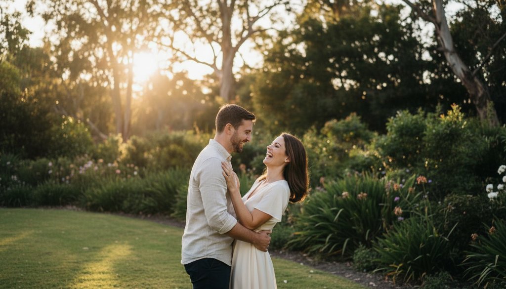 A couple shares a joyful, candid moment in Ashburton's lush gardens, captured during their engagement photos in Melbourne, bathed in golden hour light, with trees creating a natural frame.