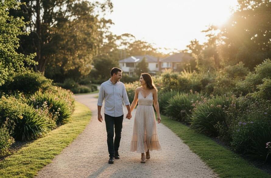 An epic moment captured during a candid Ashwood engagement photos Victoria session, featuring a couple laughing joyfully at sunset in a vibrant Ashwood park, bathed in golden light.