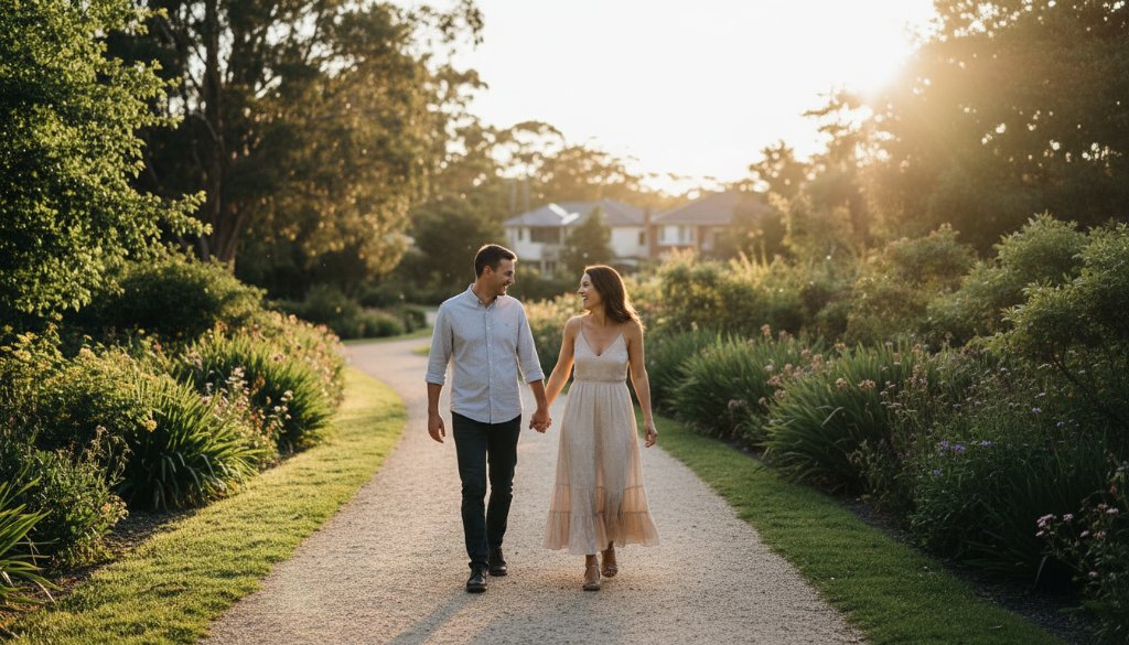 An epic moment captured during a candid Ashwood engagement photos Victoria session, featuring a couple laughing joyfully at sunset in a vibrant Ashwood park, bathed in golden light.