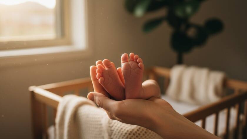 An artistic close-up of a baby's tiny hand gently grasping a parent's finger, bathed in soft, warm light, symbolizing the tender bond during candid baby photography sessions Ashwood families cherish.