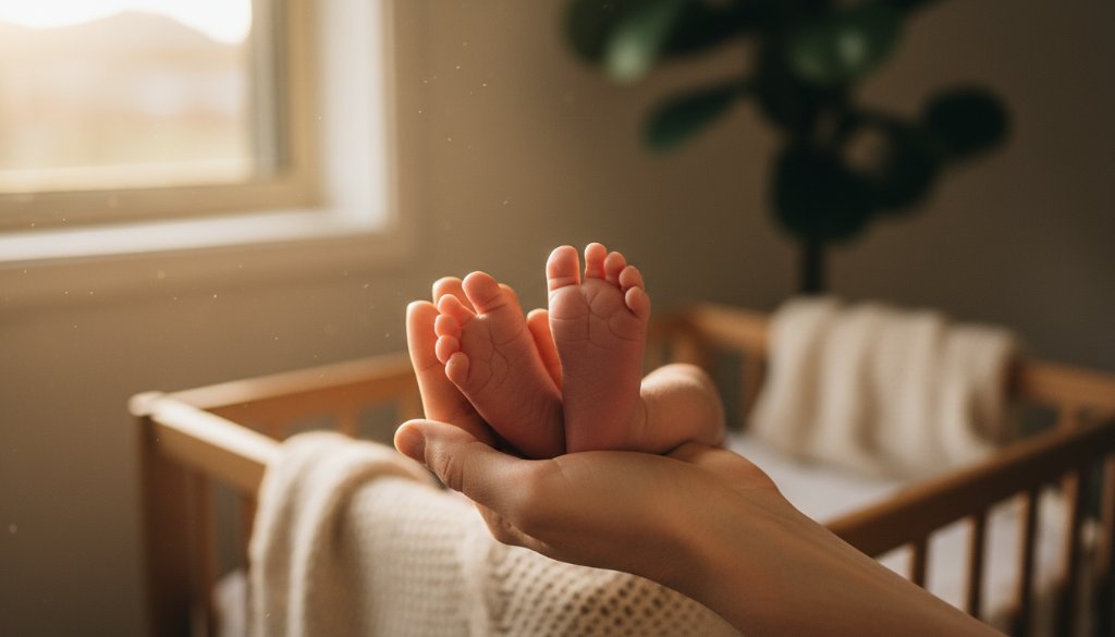 An artistic close-up of a baby's tiny hand gently grasping a parent's finger, bathed in soft, warm light, symbolizing the tender bond during candid baby photography sessions Ashwood families cherish.