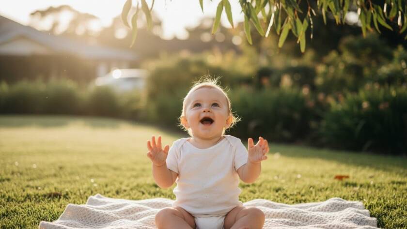 Candid Baby Photography Templestowe Victoria - a heartwarming, professional photograph of a baby's genuine laugh during a soft, naturally lit outdoor session in a Templestowe garden, captured in an epic moment of pure joy and wonder.