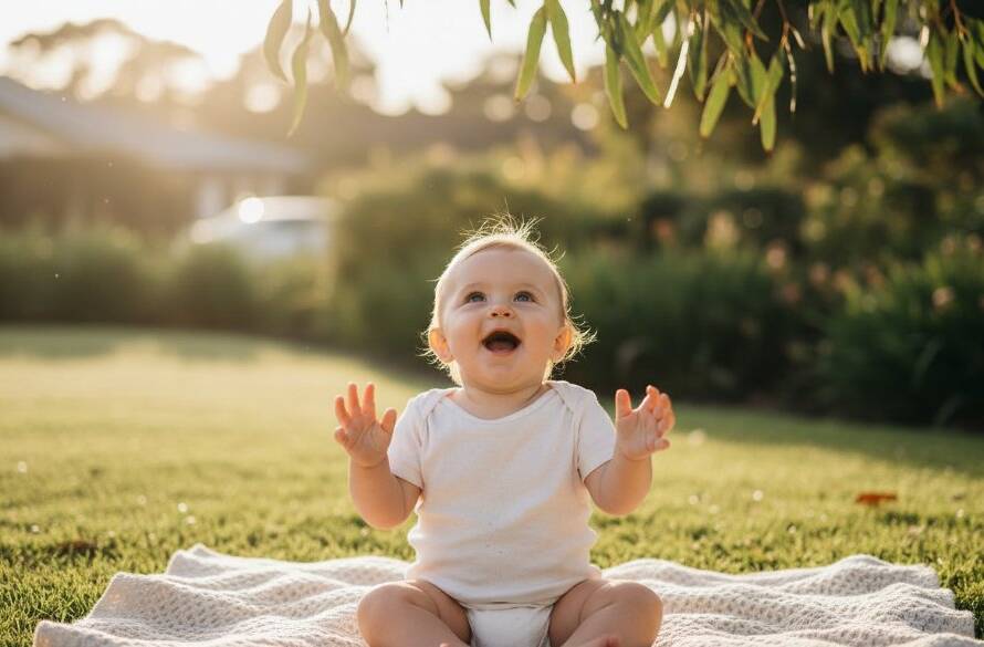 Candid Baby Photography Templestowe Victoria - a heartwarming, professional photograph of a baby's genuine laugh during a soft, naturally lit outdoor session in a Templestowe garden, captured in an epic moment of pure joy and wonder.