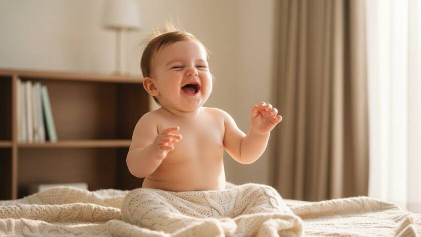 A heartwarming, professional photograph capturing a candid baby photoshoot in Doncaster, Victoria, featuring a baby giggling joyfully in soft, natural light, symbolizing an epic moment of pure happiness.