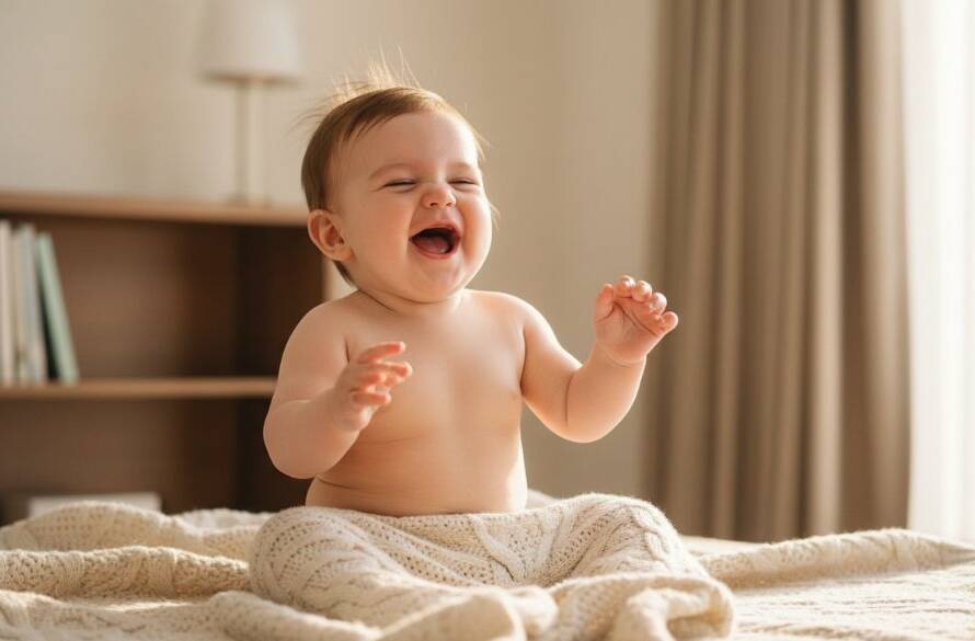 A heartwarming, professional photograph capturing a candid baby photoshoot in Doncaster, Victoria, featuring a baby giggling joyfully in soft, natural light, symbolizing an epic moment of pure happiness.