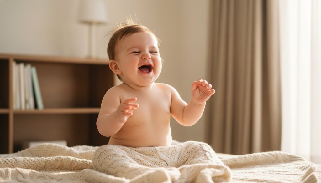 A heartwarming, professional photograph capturing a candid baby photoshoot in Doncaster, Victoria, featuring a baby giggling joyfully in soft, natural light, symbolizing an epic moment of pure happiness.