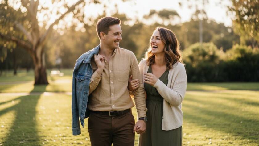 A couple shares a joyful, candid moment amidst the lush greenery of a Blackburn North park at sunset, illuminated by warm, golden light, encapsulating the essence of Candid Blackburn North Engagement Photos Victoria.