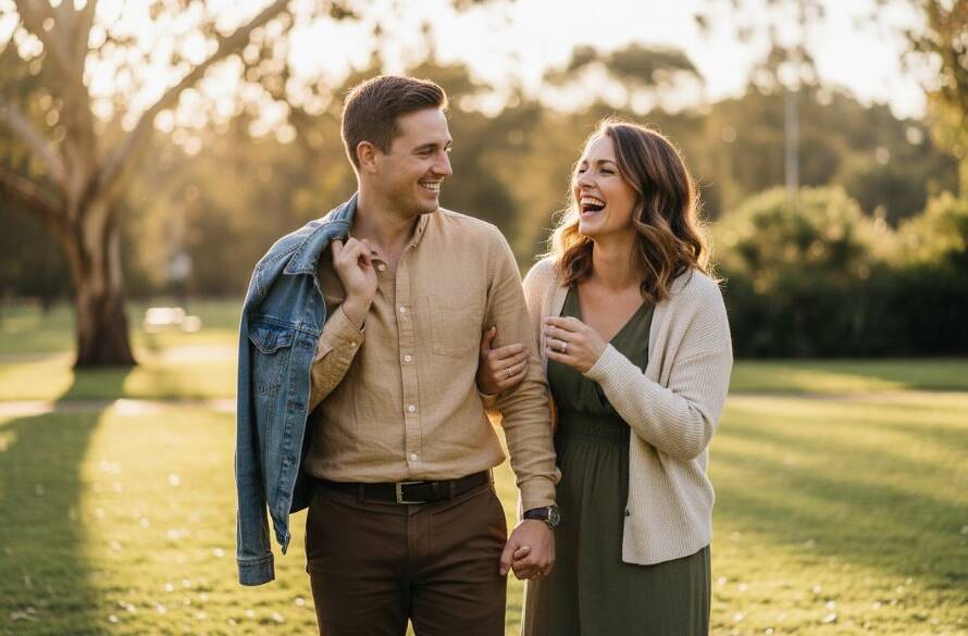 A couple shares a joyful, candid moment amidst the lush greenery of a Blackburn North park at sunset, illuminated by warm, golden light, encapsulating the essence of Candid Blackburn North Engagement Photos Victoria.