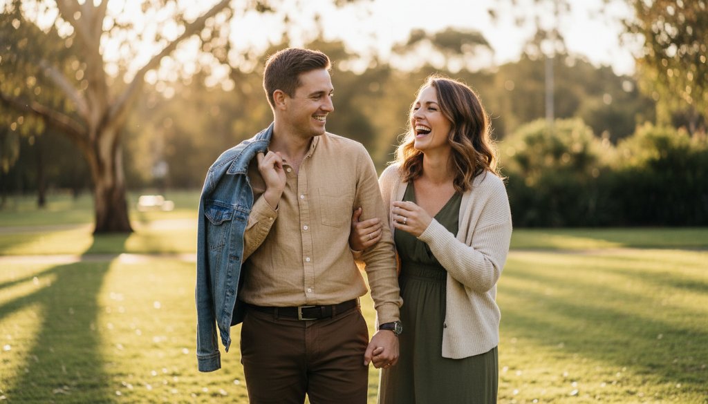 A couple shares a joyful, candid moment amidst the lush greenery of a Blackburn North park at sunset, illuminated by warm, golden light, encapsulating the essence of Candid Blackburn North Engagement Photos Victoria.