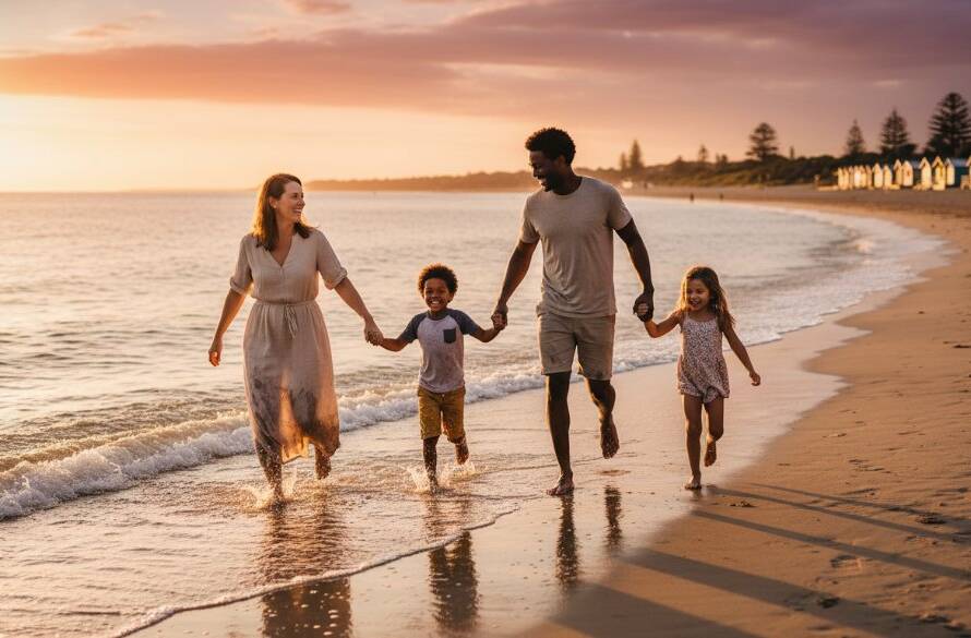 A candid Bonbeach family photography by the sea moment: a family of four laughing joyfully as they splash in the shallow waves at sunset, warm golden light silhouetting them against the vibrant sky, capturing a genuine, epic memory.