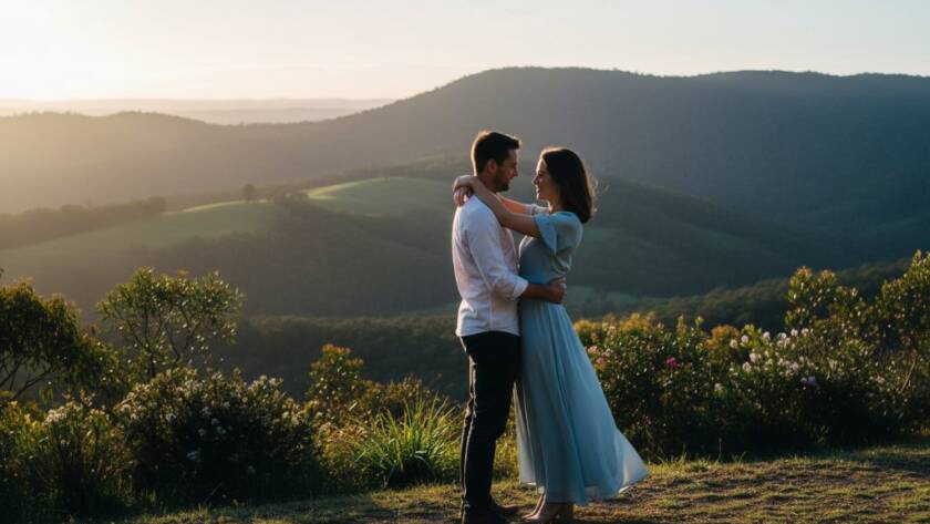 A newly engaged couple sharing a tender, candid moment in Boronia, Victoria, with the majestic Dandenong Ranges in the background at golden hour, capturing candid Boronia engagement photos Dandenong Ranges.