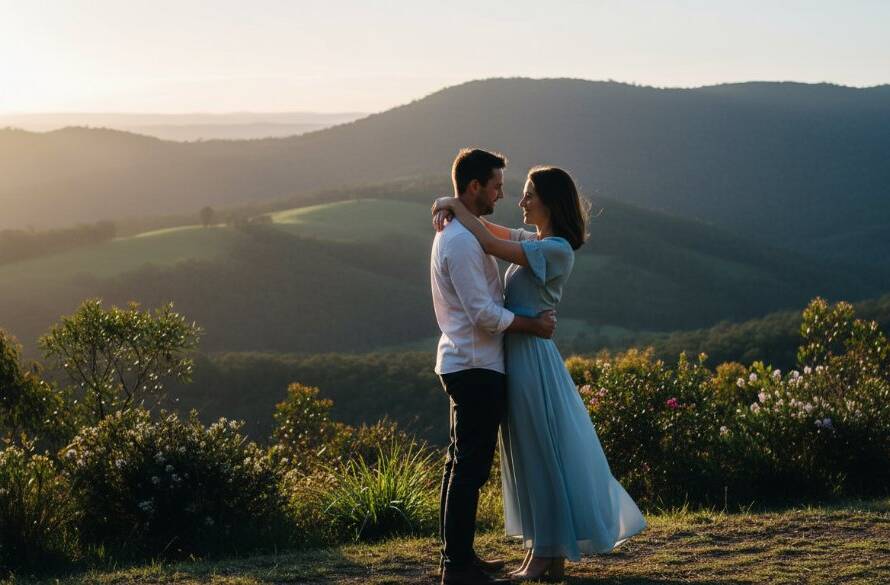 A newly engaged couple sharing a tender, candid moment in Boronia, Victoria, with the majestic Dandenong Ranges in the background at golden hour, capturing candid Boronia engagement photos Dandenong Ranges.