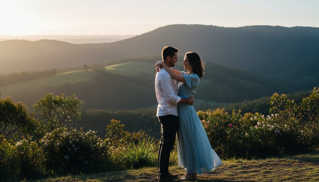 A newly engaged couple sharing a tender, candid moment in Boronia, Victoria, with the majestic Dandenong Ranges in the background at golden hour, capturing candid Boronia engagement photos Dandenong Ranges.