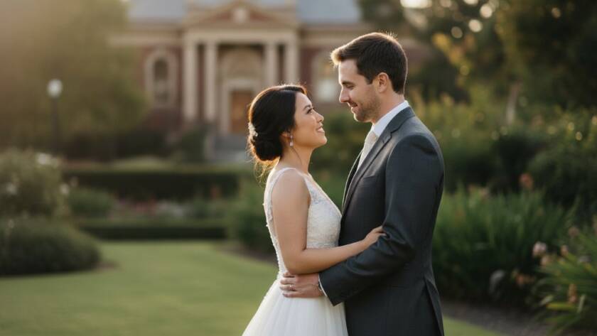 An epic moment of a bride and groom sharing a genuine, joyful laugh amidst the lush, sun-dappled gardens of a Box Hill North venue, captured by a candid Box Hill North wedding photographer with dramatic golden hour lighting and professional colour grading.