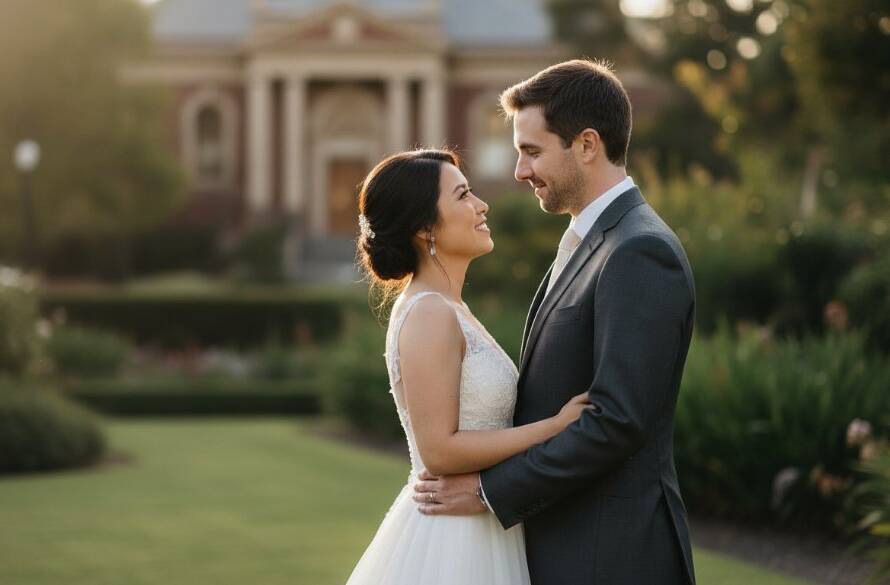 An epic moment of a bride and groom sharing a genuine, joyful laugh amidst the lush, sun-dappled gardens of a Box Hill North venue, captured by a candid Box Hill North wedding photographer with dramatic golden hour lighting and professional colour grading.
