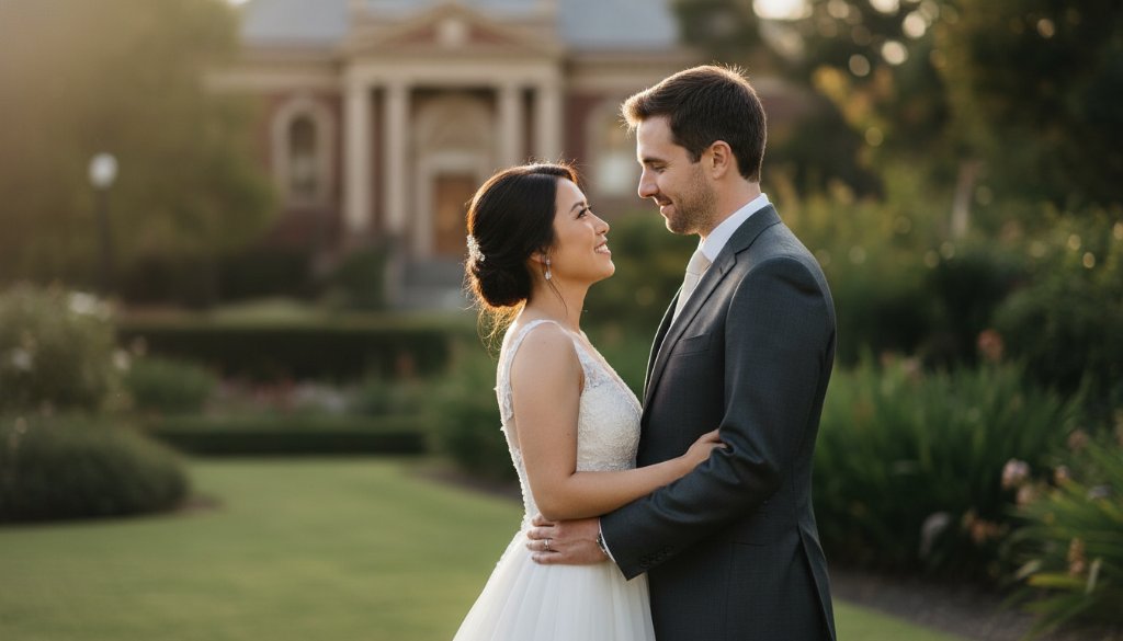 An epic moment of a bride and groom sharing a genuine, joyful laugh amidst the lush, sun-dappled gardens of a Box Hill North venue, captured by a candid Box Hill North wedding photographer with dramatic golden hour lighting and professional colour grading.