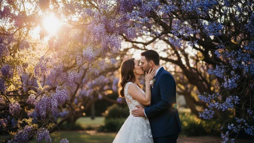 A stunning, candid Box Hill wedding photography moment featuring a joyous couple embracing passionately under dramatic golden hour light filtering through leafy eucalyptus trees in Box Hill Gardens, beautifully capturing their love story.
