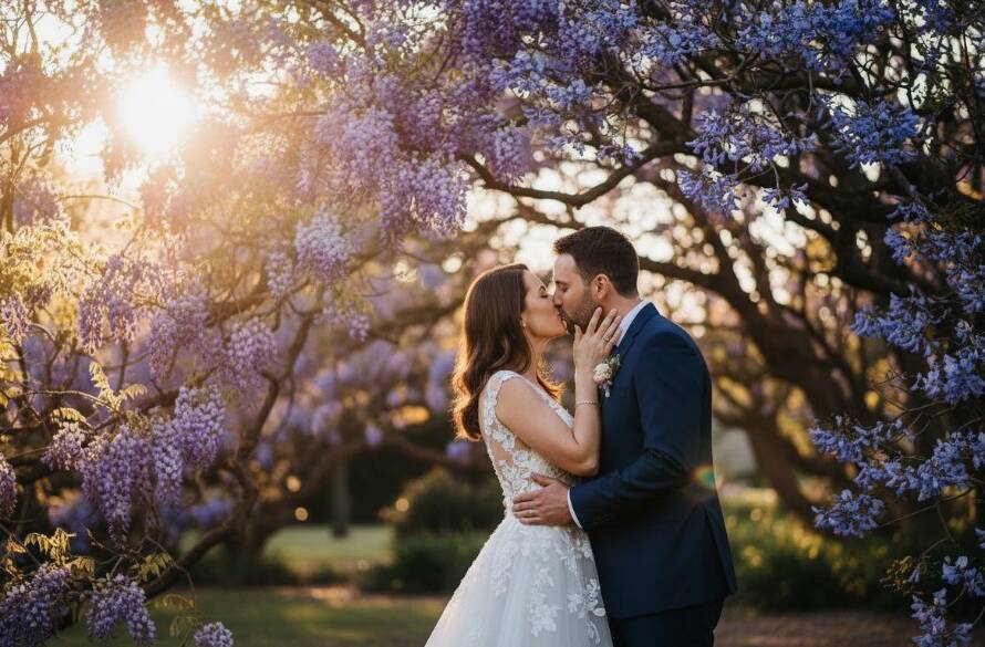 A stunning, candid Box Hill wedding photography moment featuring a joyous couple embracing passionately under dramatic golden hour light filtering through leafy eucalyptus trees in Box Hill Gardens, beautifully capturing their love story.