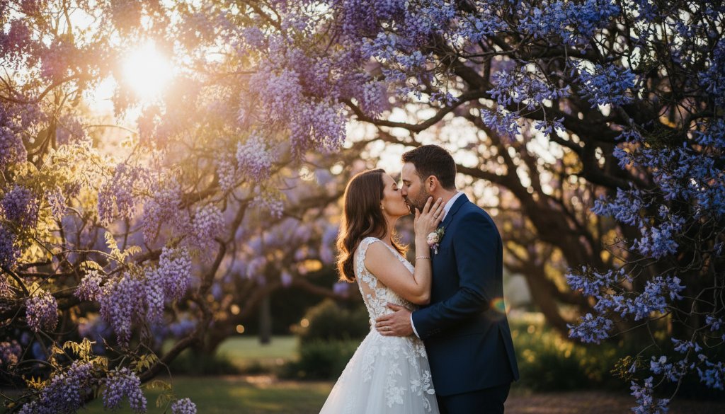 A stunning, candid Box Hill wedding photography moment featuring a joyous couple embracing passionately under dramatic golden hour light filtering through leafy eucalyptus trees in Box Hill Gardens, beautifully capturing their love story.