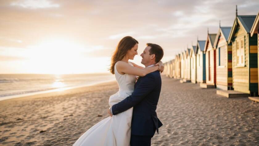 A stunning, candid Brighton Beach wedding photos Victoria moment, showing a newlywed couple laughing joyfully as they walk hand-in-hand along the sand at sunset, with the iconic Brighton Bathing Boxes in the background, bathed in golden hour light.