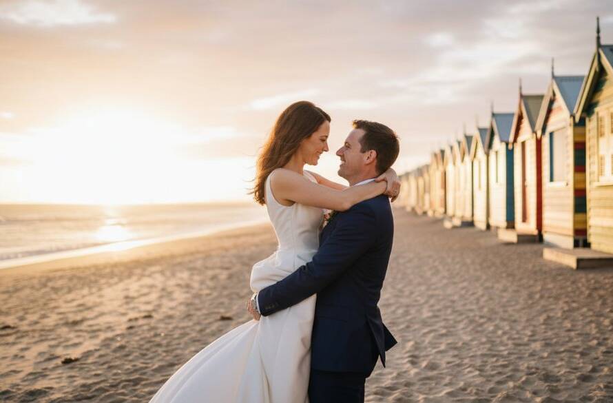 A stunning, candid Brighton Beach wedding photos Victoria moment, showing a newlywed couple laughing joyfully as they walk hand-in-hand along the sand at sunset, with the iconic Brighton Bathing Boxes in the background, bathed in golden hour light.