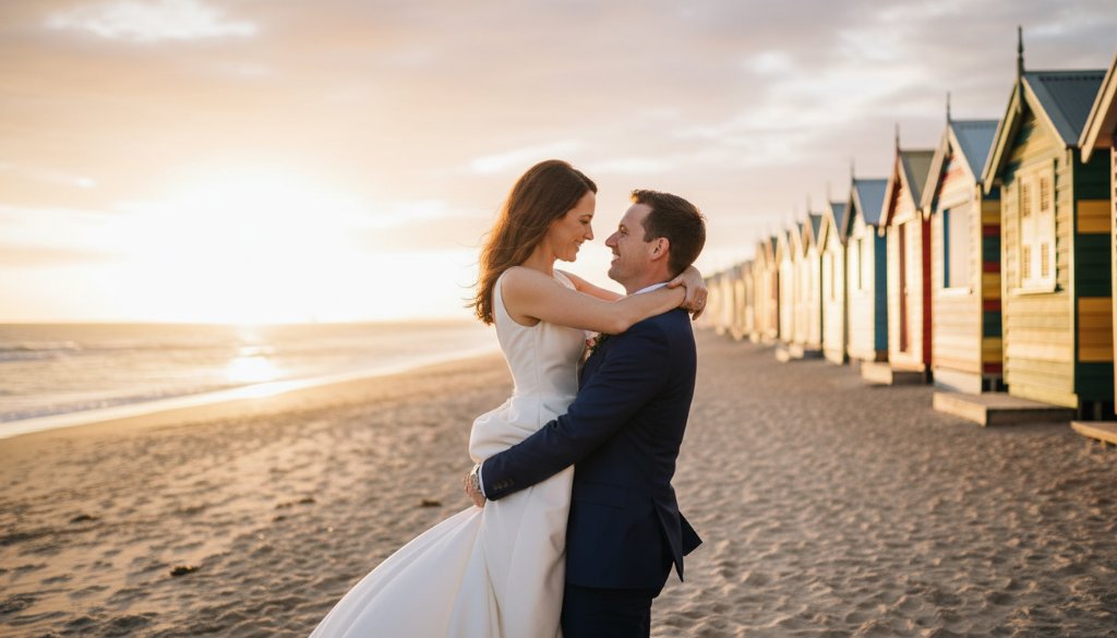 A stunning, candid Brighton Beach wedding photos Victoria moment, showing a newlywed couple laughing joyfully as they walk hand-in-hand along the sand at sunset, with the iconic Brighton Bathing Boxes in the background, bathed in golden hour light.