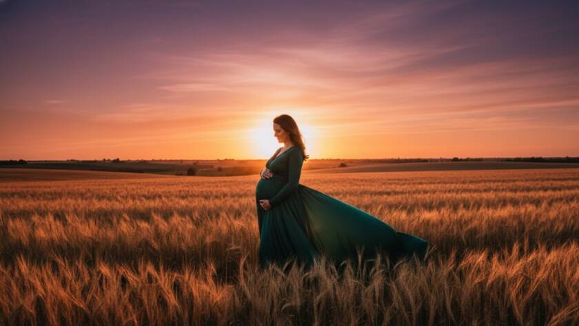 A radiant pregnant woman in a flowing gown, silhouetted against a golden sunset in Brookfield, Victoria, during an emotionally captivating candid Brookfield maternity photography Victoria session, professional dramatic lighting highlighting her baby bump.