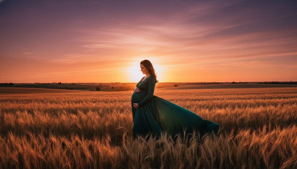 A radiant pregnant woman in a flowing gown, silhouetted against a golden sunset in Brookfield, Victoria, during an emotionally captivating candid Brookfield maternity photography Victoria session, professional dramatic lighting highlighting her baby bump.
