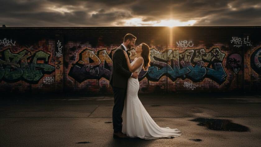 A candid Brooklyn Victoria wedding photographer captures a couple's emotional embrace at sunset, with dramatic golden light illuminating their joyful tears and the industrial-chic backdrop of Brooklyn, creating an epic and authentic wedding moment.