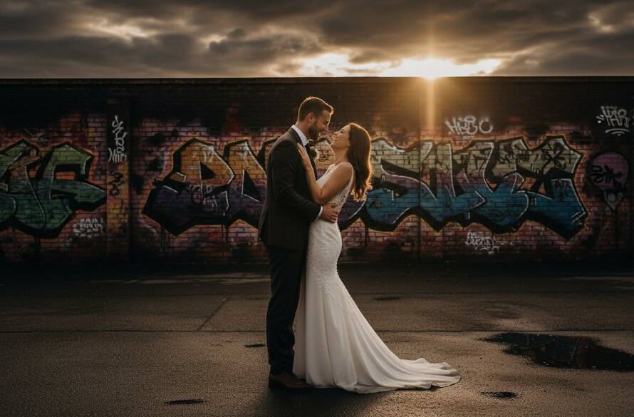 A candid Brooklyn Victoria wedding photographer captures a couple's emotional embrace at sunset, with dramatic golden light illuminating their joyful tears and the industrial-chic backdrop of Brooklyn, creating an epic and authentic wedding moment.