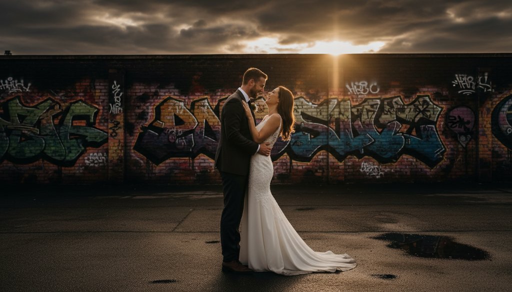A candid Brooklyn Victoria wedding photographer captures a couple's emotional embrace at sunset, with dramatic golden light illuminating their joyful tears and the industrial-chic backdrop of Brooklyn, creating an epic and authentic wedding moment.