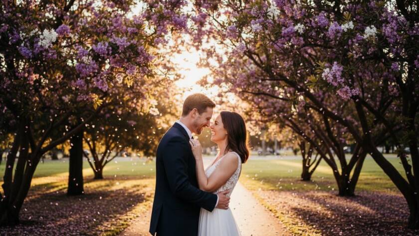 An emotional wide-angle shot capturing a newlywed couple's genuine laughter and embrace under a canopy of vibrant autumn leaves at a charming Burwood park, showcasing candid Burwood wedding photography Victoria with warm, golden hour light.