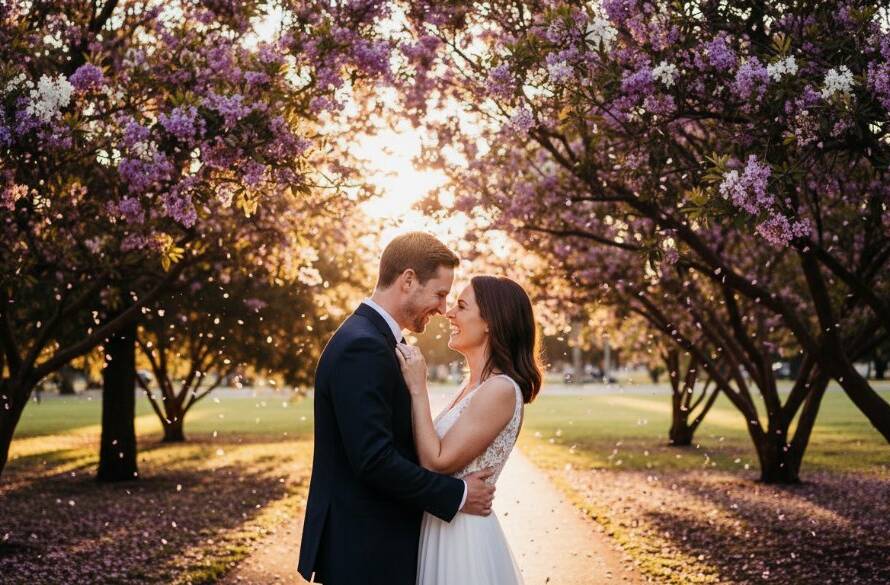 An emotional wide-angle shot capturing a newlywed couple's genuine laughter and embrace under a canopy of vibrant autumn leaves at a charming Burwood park, showcasing candid Burwood wedding photography Victoria with warm, golden hour light.