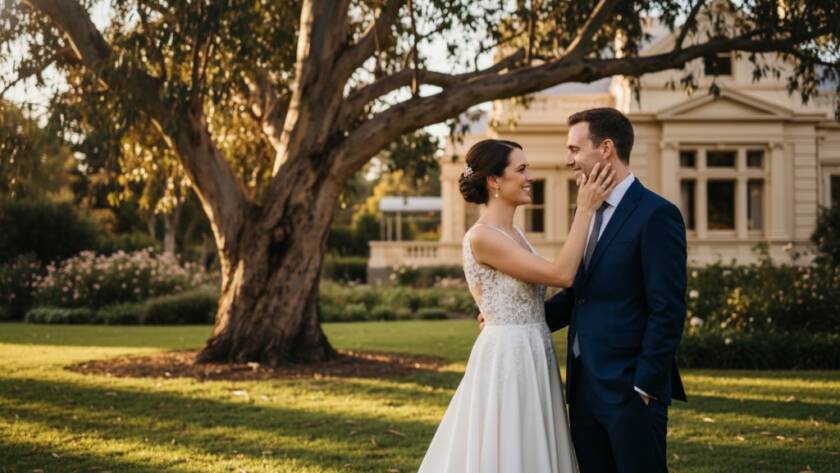 An epic, candid Chadstone wedding photography moment, showing a newly married couple laughing joyously amidst the soft, golden light of a Chadstone garden, with historic architecture subtly blurred in the background, capturing their genuine emotion and timeless connection.