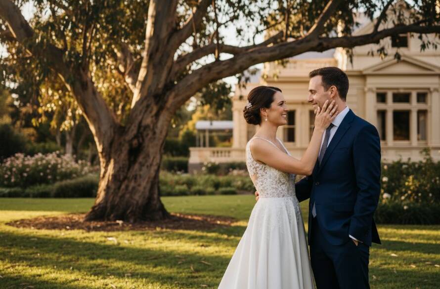 An epic, candid Chadstone wedding photography moment, showing a newly married couple laughing joyously amidst the soft, golden light of a Chadstone garden, with historic architecture subtly blurred in the background, capturing their genuine emotion and timeless connection.