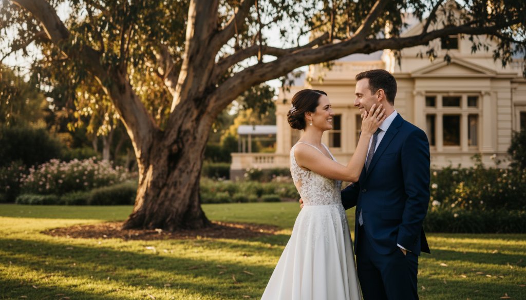 An epic, candid Chadstone wedding photography moment, showing a newly married couple laughing joyously amidst the soft, golden light of a Chadstone garden, with historic architecture subtly blurred in the background, capturing their genuine emotion and timeless connection.