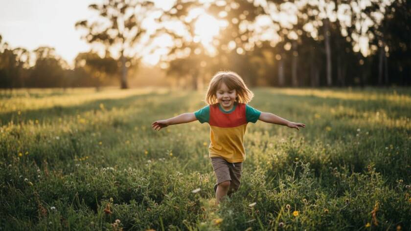 An epic moment of pure joy captured through candid children's photography Ringwood North: a child laughing mid-jump in a sun-drenched park, surrounded by vibrant greenery, with golden hour light silhouetting their playful action, creating a magical, professional photograph.
