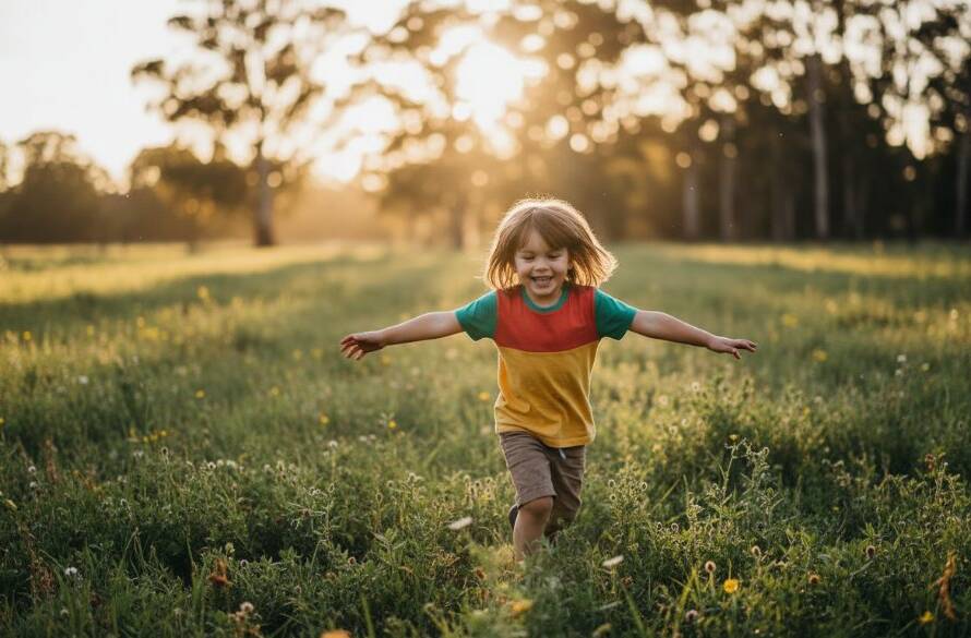 An epic moment of pure joy captured through candid children's photography Ringwood North: a child laughing mid-jump in a sun-drenched park, surrounded by vibrant greenery, with golden hour light silhouetting their playful action, creating a magical, professional photograph.
