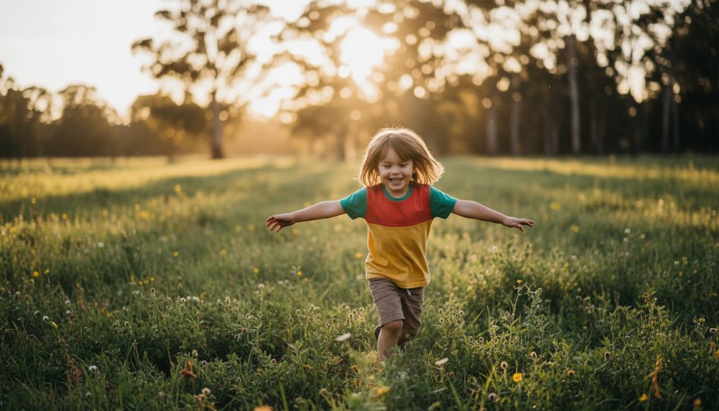 An epic moment of pure joy captured through candid children's photography Ringwood North: a child laughing mid-jump in a sun-drenched park, surrounded by vibrant greenery, with golden hour light silhouetting their playful action, creating a magical, professional photograph.