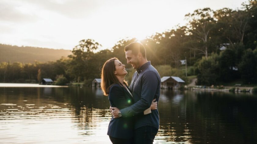 Candid Daylesford engagement photography capturing genuine joy, showing a couple laughing genuinely amidst the golden light of Wombat Hill Botanic Gardens at sunset, a professional cinematic shot.