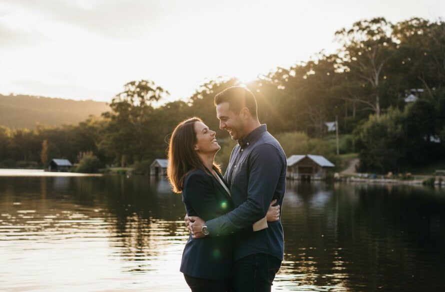 Candid Daylesford engagement photography capturing genuine joy, showing a couple laughing genuinely amidst the golden light of Wombat Hill Botanic Gardens at sunset, a professional cinematic shot.