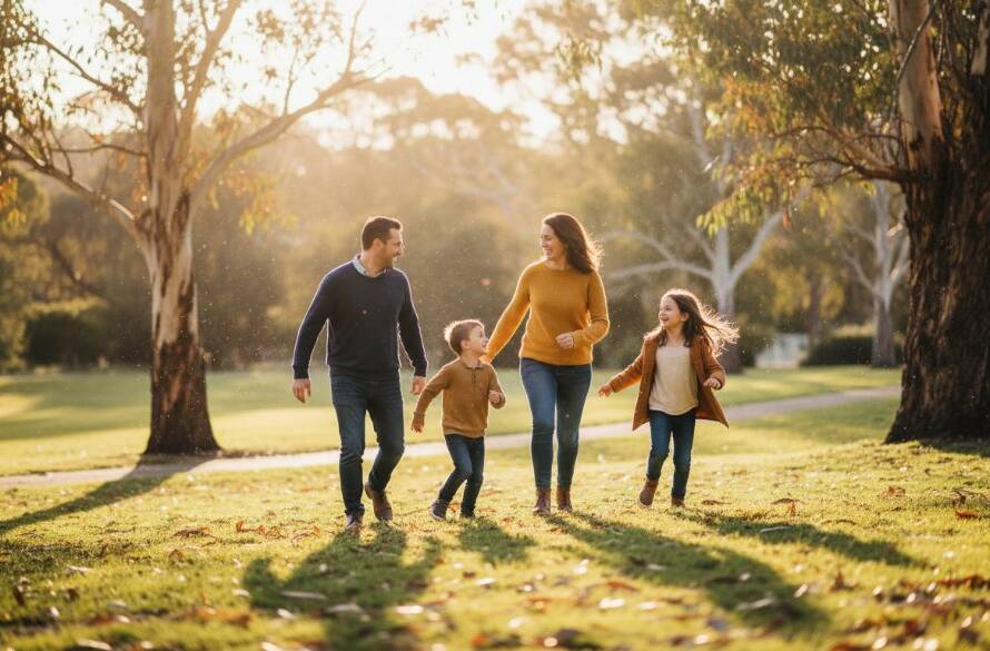 A heartwarming, professionally colour-graded photograph capturing an epic moment of genuine joy during a candid Deepdene family photography session. A family of four, parents and two young children, are laughing and running through a sun-dappled park in Deepdene, leaves scattered around them, with warm, golden hour light illuminating their happy faces and movement. The composition is dynamic and full of life.