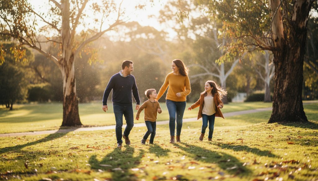 A heartwarming, professionally colour-graded photograph capturing an epic moment of genuine joy during a candid Deepdene family photography session. A family of four, parents and two young children, are laughing and running through a sun-dappled park in Deepdene, leaves scattered around them, with warm, golden hour light illuminating their happy faces and movement. The composition is dynamic and full of life.