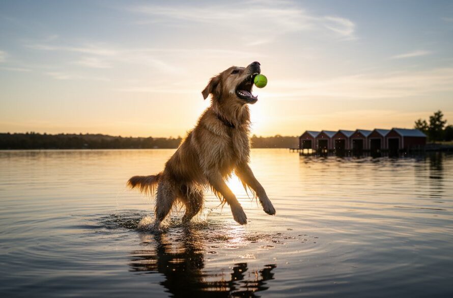 A majestic golden retriever captured in a dynamic, candid dog photography Lake Wendouree golden hour shot, leaping gracefully with a tennis ball near the iconic red boat sheds, golden light silhouetting its fur against the tranquil lake, an epic moment of pure joy and athleticism.
