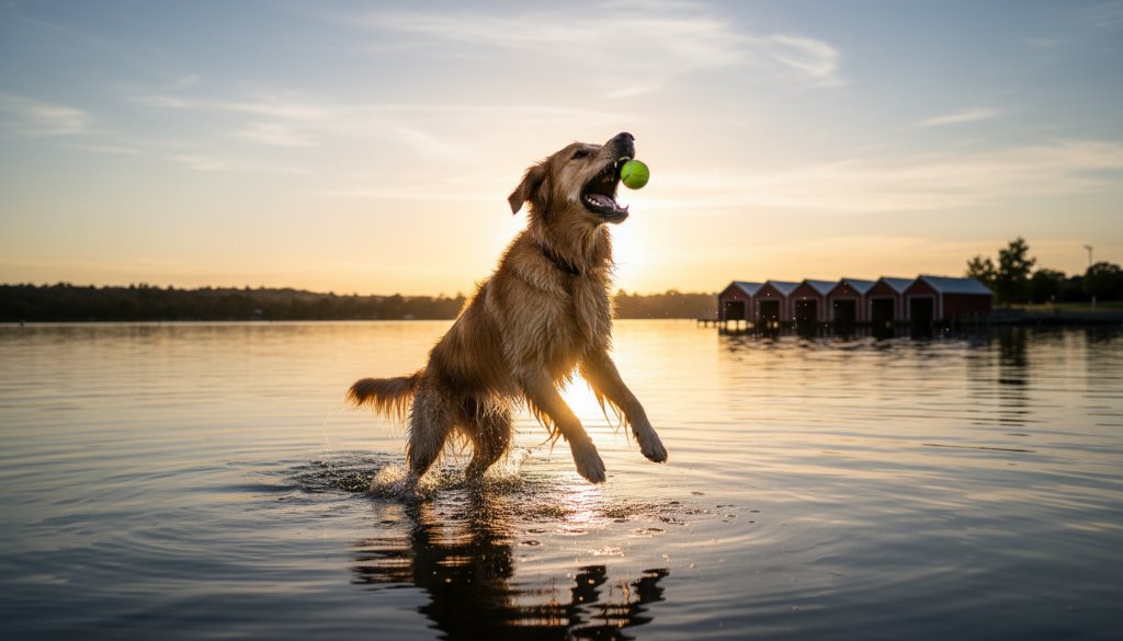 A majestic golden retriever captured in a dynamic, candid dog photography Lake Wendouree golden hour shot, leaping gracefully with a tennis ball near the iconic red boat sheds, golden light silhouetting its fur against the tranquil lake, an epic moment of pure joy and athleticism.