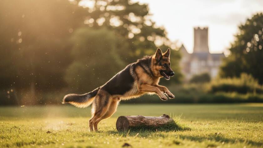 A majestic golden retriever joyfully leaping through long, golden grass in a Maidstone park, illuminated by dramatic golden hour sunlight, capturing an epic moment of candid dog photography Maidstone parks Victoria.