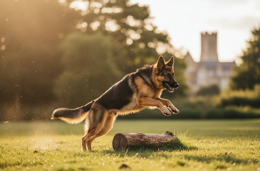 A majestic golden retriever joyfully leaping through long, golden grass in a Maidstone park, illuminated by dramatic golden hour sunlight, capturing an epic moment of candid dog photography Maidstone parks Victoria.